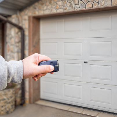 Lynchburg security key fob pointing to a garage door